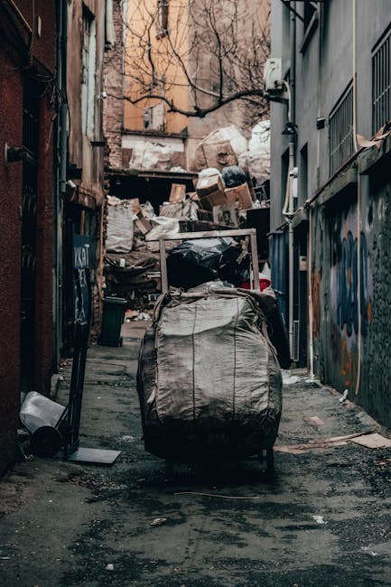 A black wheeled refuse bin labeled 'St. John's' positioned on a city sidewalk at night, with the lid open revealing various waste items such as cardboard, paper, and plastic packaging. The surrounding